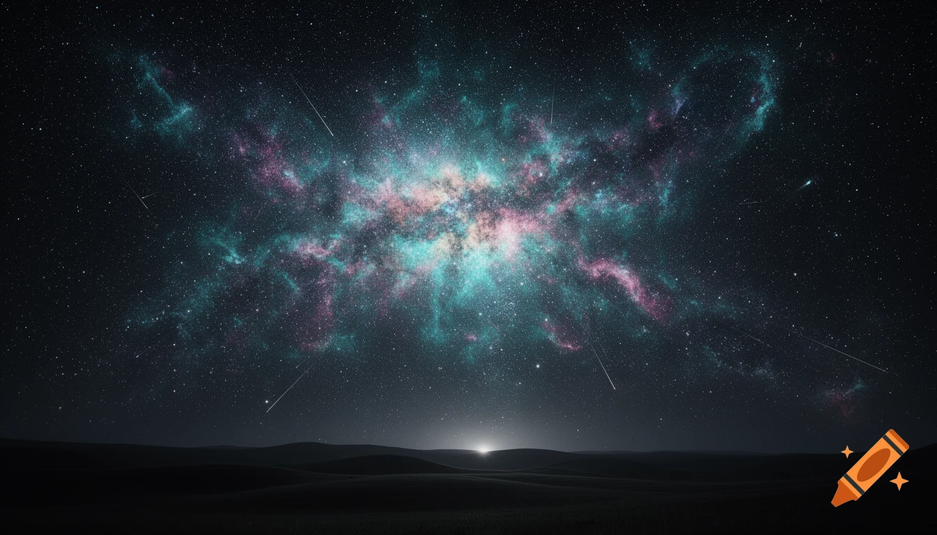 Vibrant galaxy with pink and teal nebulas illuminates a dark, silhouetted landscape under a starry night sky with shooting stars.