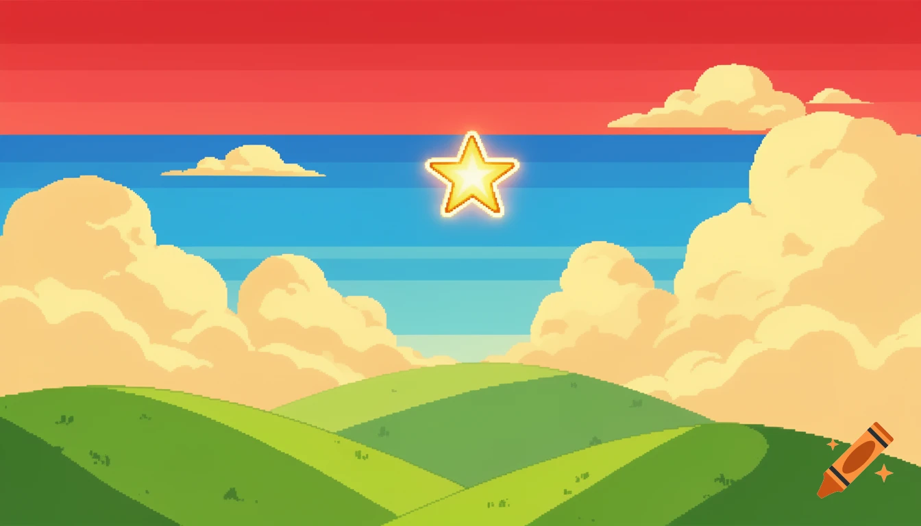 Pixel art landscape with green rolling hills under a blue sky, fluffy yellow clouds, a glowing yellow star, and a red upper sky.