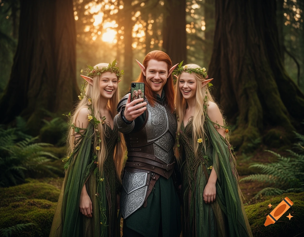 A male elf soldier with red hair takes a selfie with two blonde female wood elves in a sunlit fantasy forest.