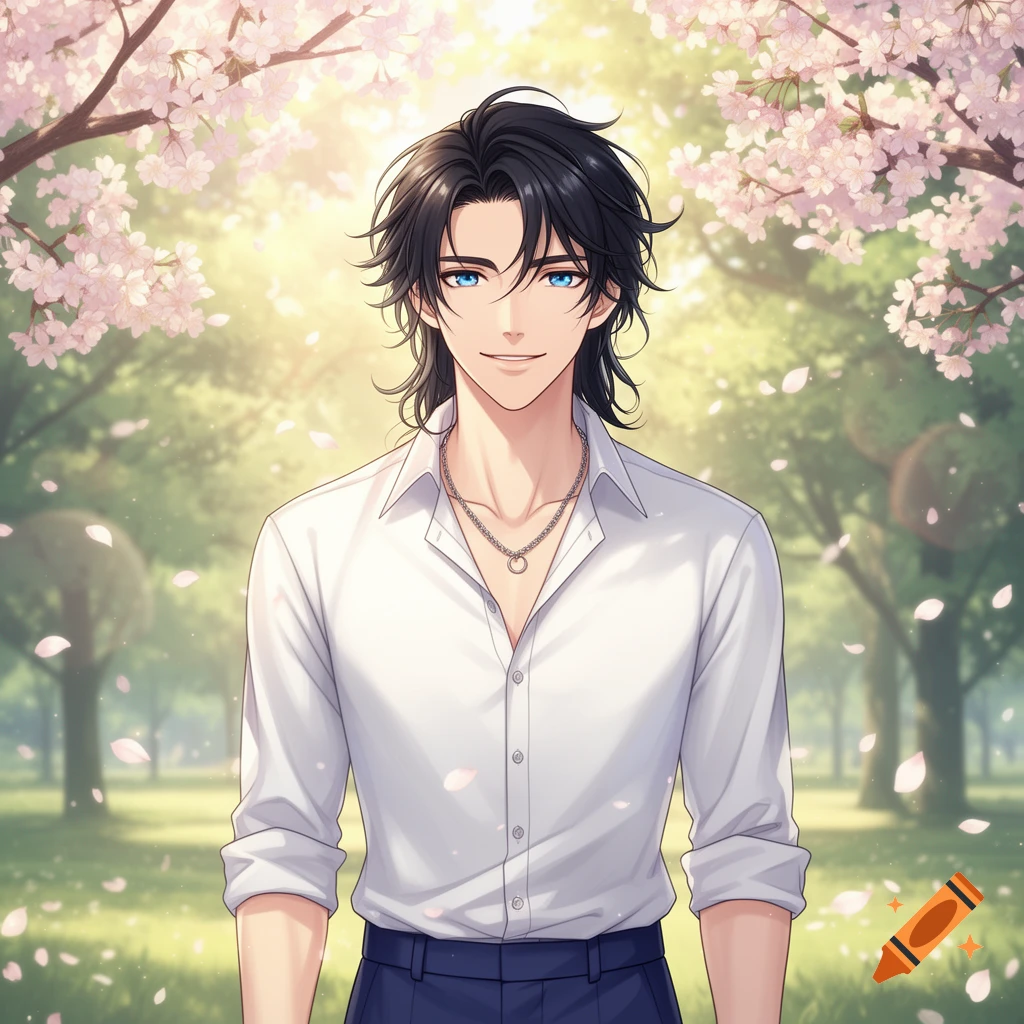 An anime man with dark hair and blue eyes smiles in a sunlit park with pink cherry blossoms falling.