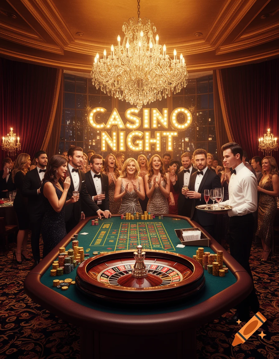 A luxurious casino night party with elegantly dressed people gathered around a roulette table under a grand chandelier.