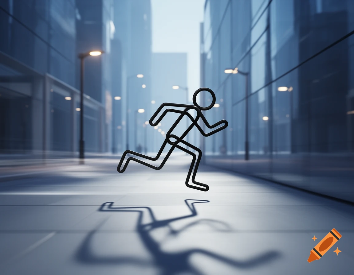 A 3D stick figure runs down a modern city street lined with tall glass buildings under a bright sky.