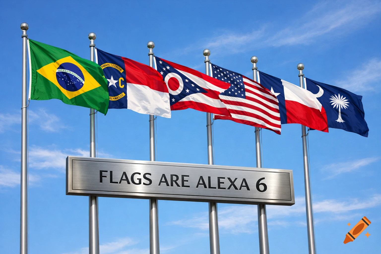 Flags of Brazil, North Carolina, Ohio, USA, Texas, and South Carolina flying on poles against a blue sky, with a sign reading 'FLAGS ARE ALEXA 6' below.