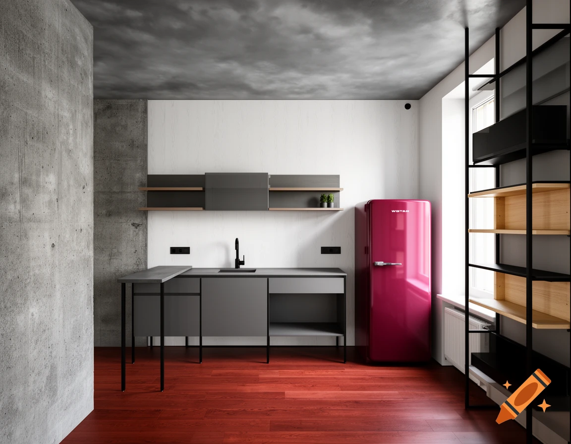 A modern kitchen with dark grey cabinets, a reddish-brown floor, a concrete accent wall, and a bright pink refrigerator.