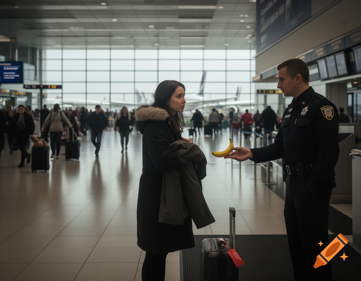 A security officer holds a banana while speaking to a woman with luggage in a bustling airport terminal.