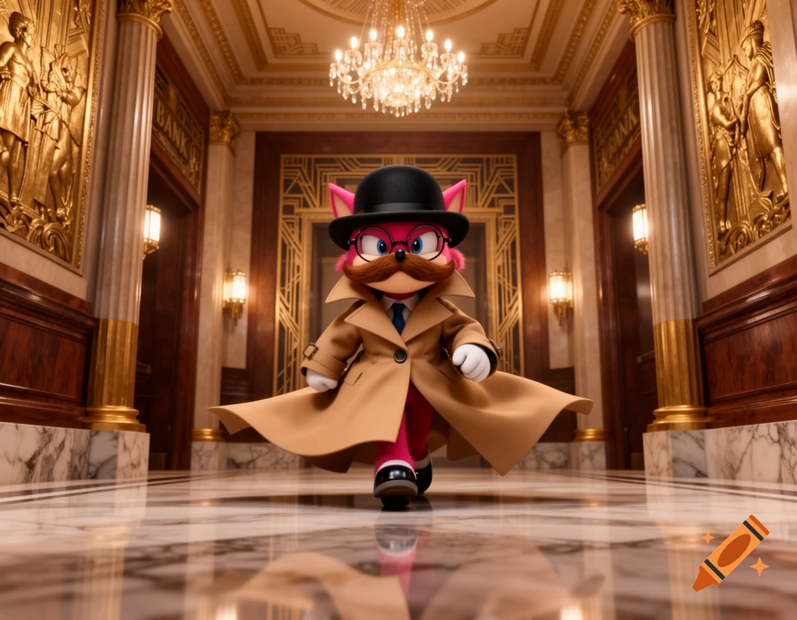 A 3D animated Rouge the Bat in a trenchcoat, bowler hat, and glasses, walks through a luxurious Art Deco bank.