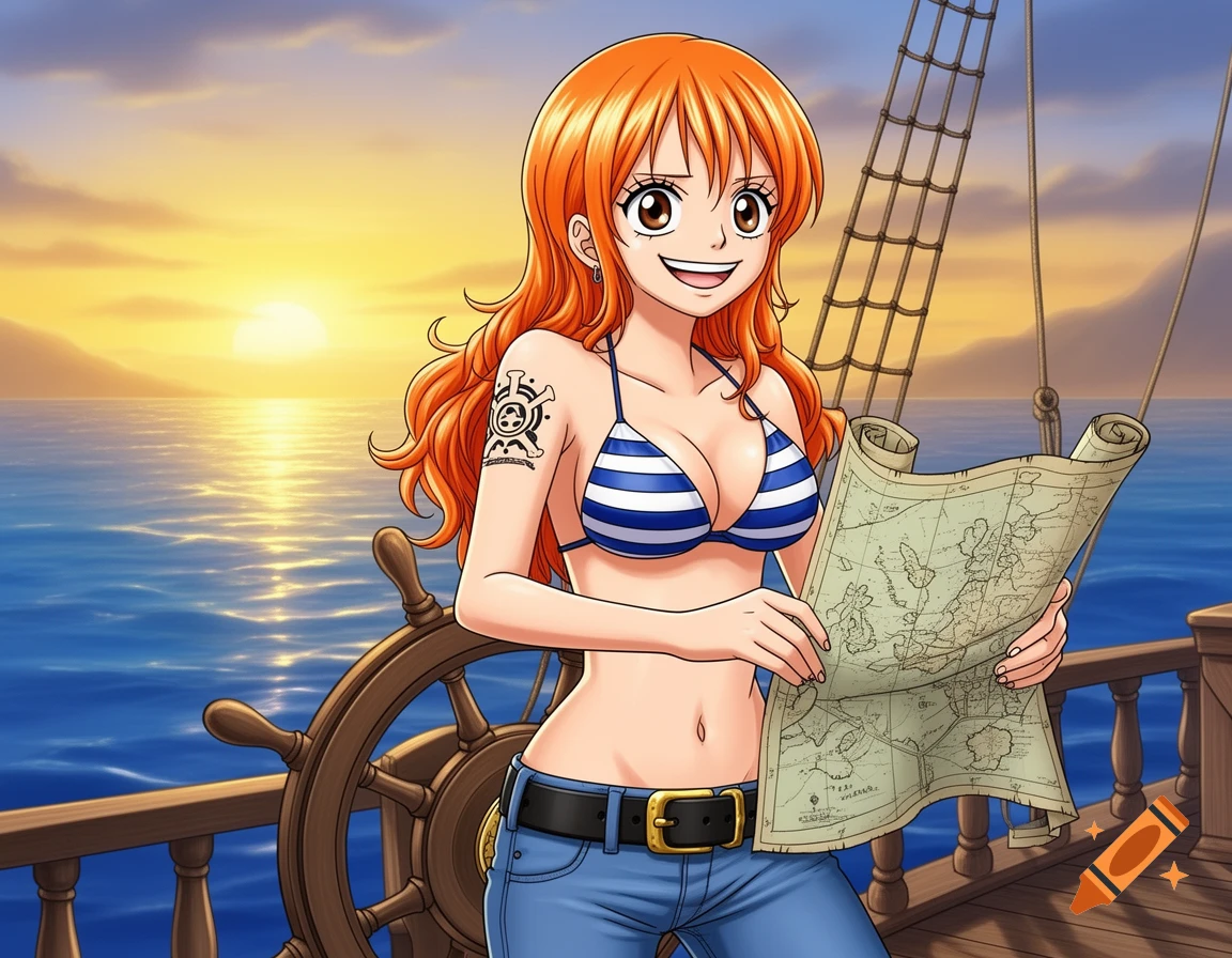An anime character with orange hair, Nami from One Piece, stands on a ship deck at sunset, holding a map and smiling.