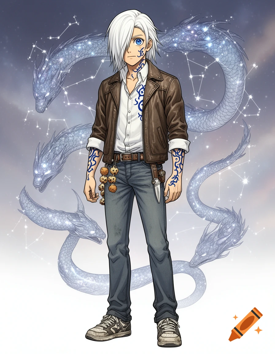 Manga art of a young man with white hair, blue tattoos, and a brown jacket, surrounded by sparkling blue serpent-like dragons and constellations.