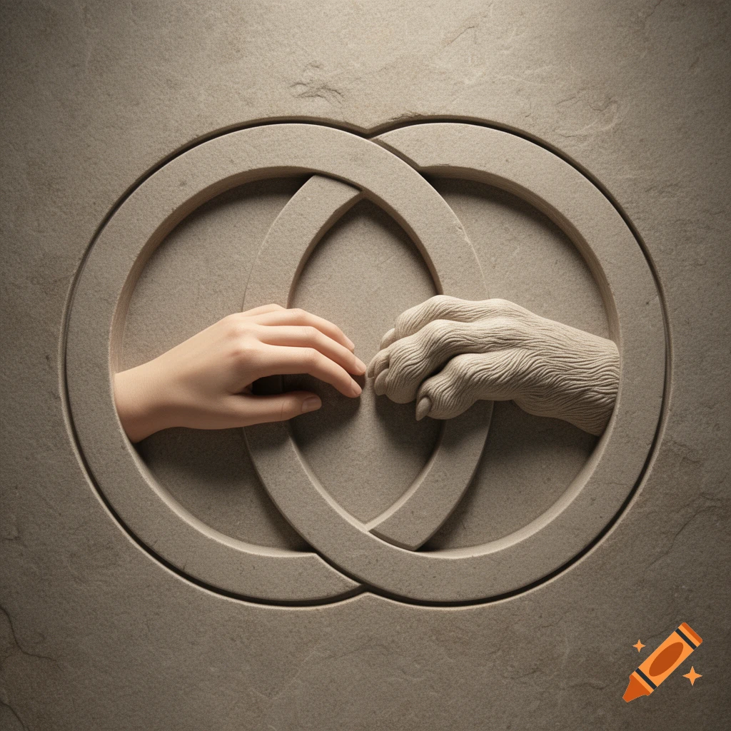 A human hand and a paw carved from stone, emerging from interlocking stone circles on a textured wall.