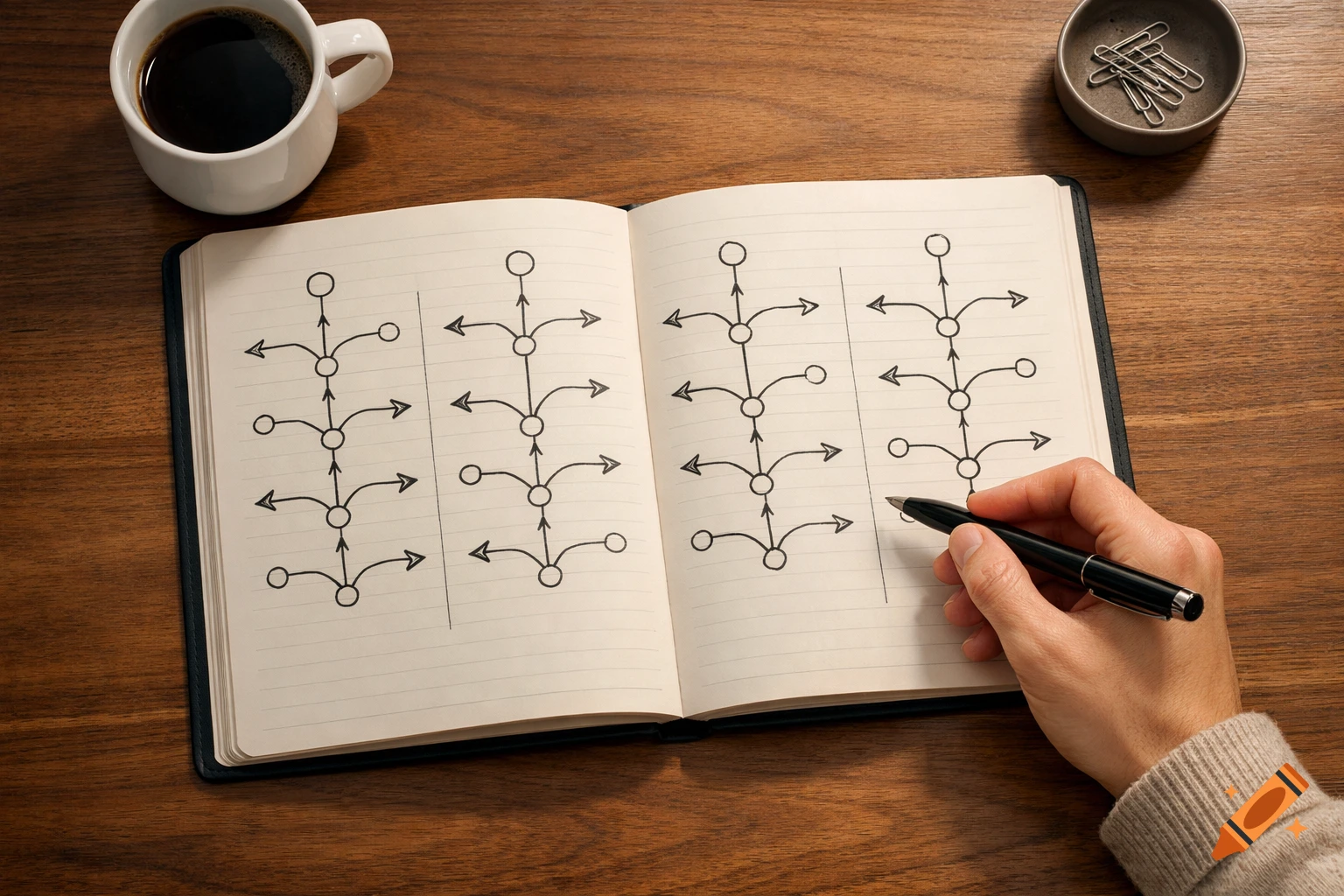 An overhead shot of a hand writing a flowchart diagram in an open notebook on a wooden desk, next to a coffee cup and paperclips.
