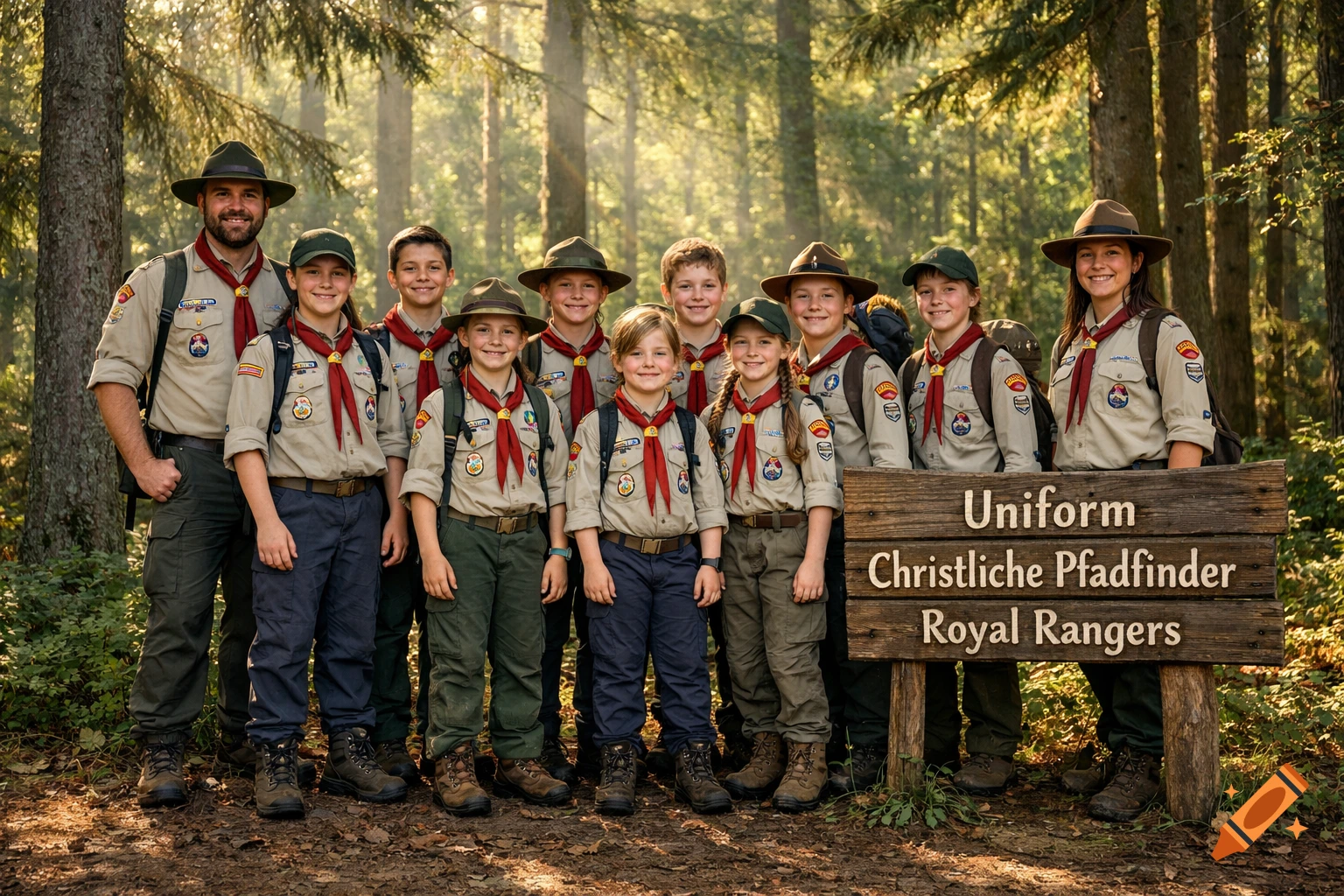 A group of young scouts and an adult leader in uniforms pose smiling in a sunlit forest next to a wooden sign.