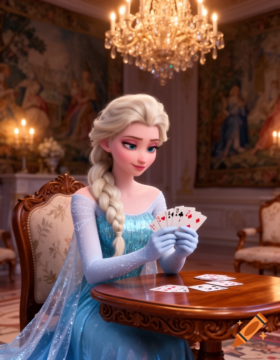 Elsa from Frozen sits at an ornate wooden table in a lavish room, holding a fan of playing cards. She looks down at the cards with a slight smile. Cards are also scattered on the table.
