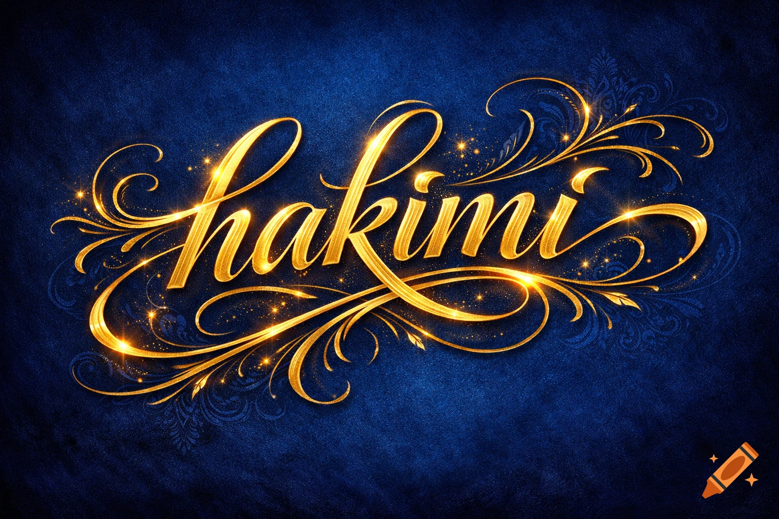 Gold calligraphic word 'hakimi' with ornate flourishes and sparkles on a deep blue textured background.