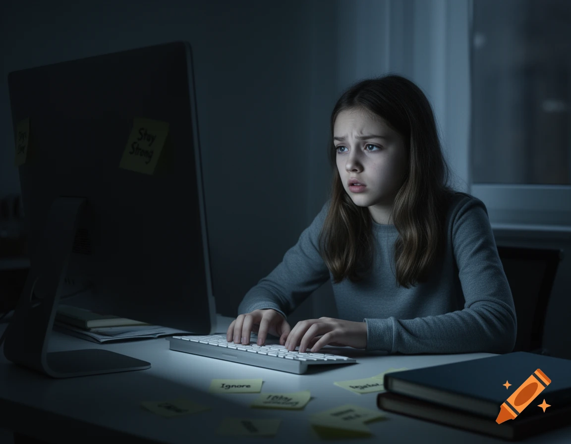 Distressed young girl looking at a computer screen while typing on a keyboard in a dark room, with sticky notes saying "Stay Strong" and "Ignore".