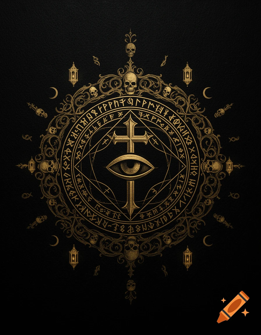 A detailed golden occult symbol featuring a central eye and cross, encircled by runes, skulls, and gothic ornamentation on a dark background.