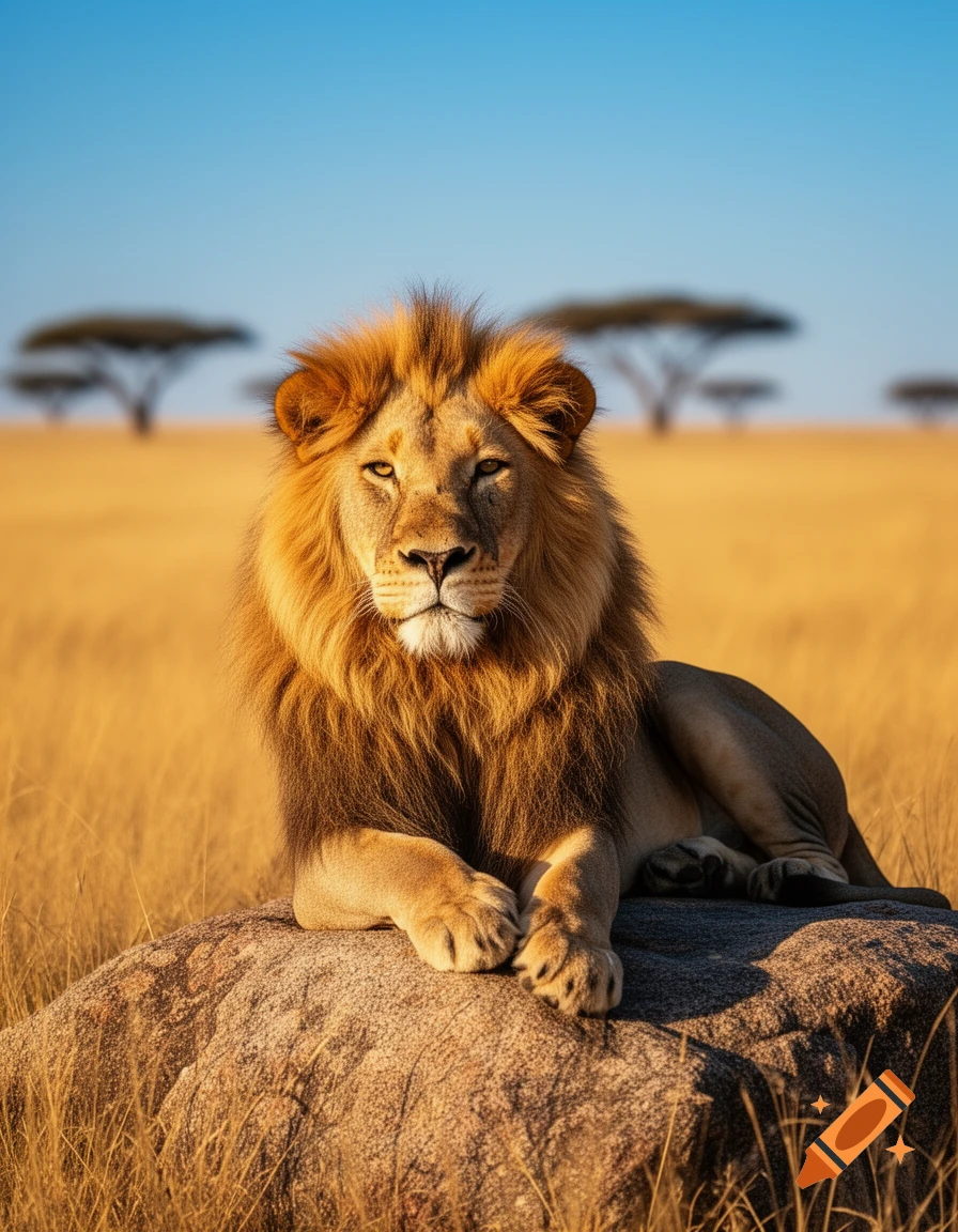 A majestic lion with a golden mane rests on a rock in a sunny savanna with acacia trees under a clear blue sky.