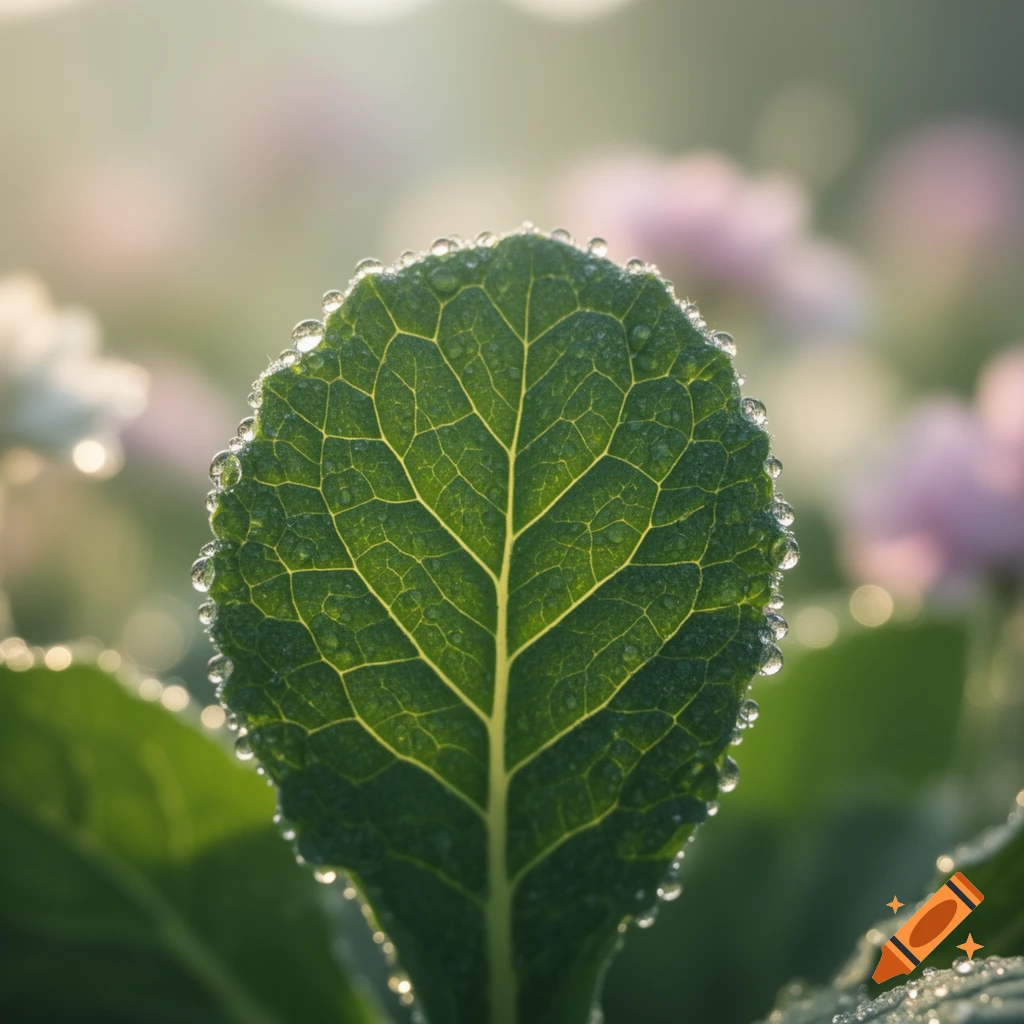 Close-up of a vibrant green leaf covered in dewdrops, with sunlight highlighting the veins and a blurred garden background.