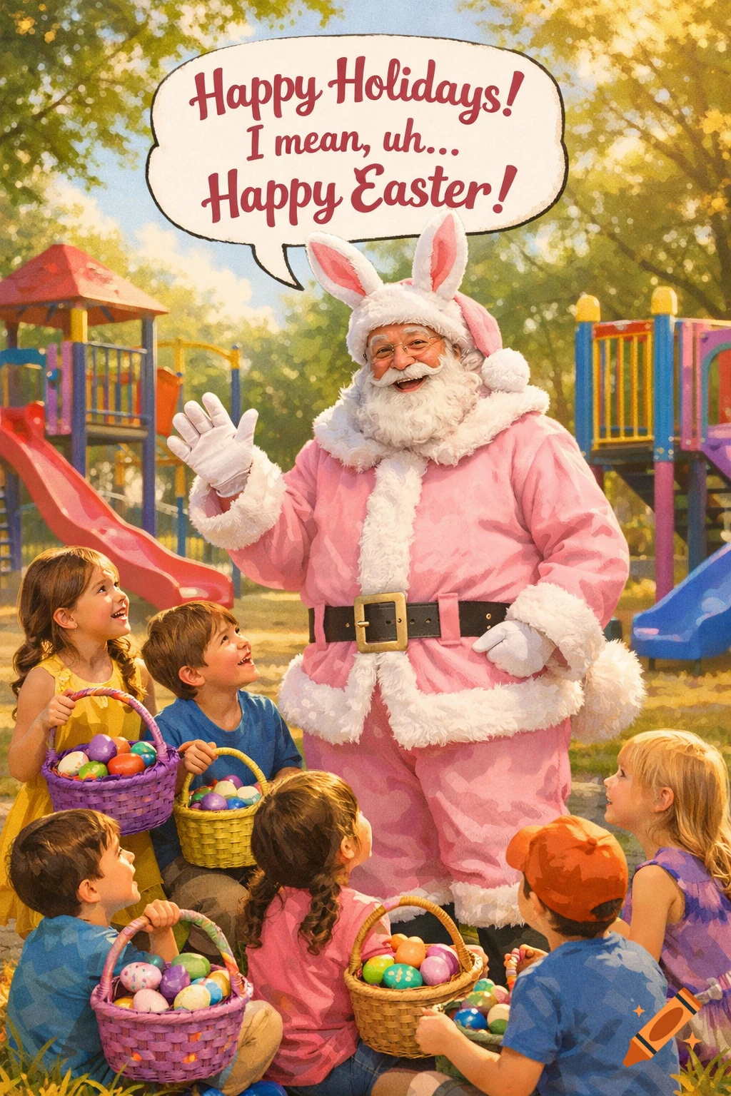 Santa as Easter Bunny waves to children with egg baskets in a sunny playground, with a speech bubble 'Happy Holidays! I mean, uh... Happy Easter!'