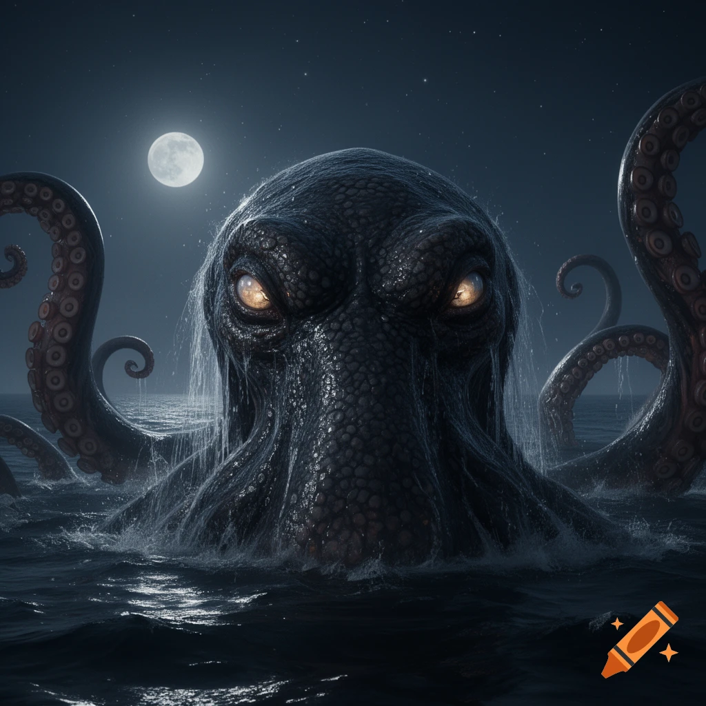 A colossal Kraken's head with glowing eyes emerges from a dark, moonlit ocean, tentacles visible against the starry night sky.