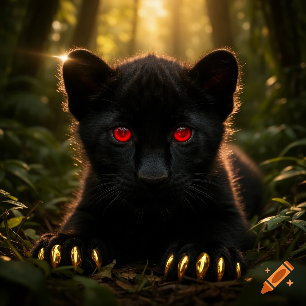 Photorealistic black panther cub with glowing red eyes and golden claws in a sun-dappled forest.
