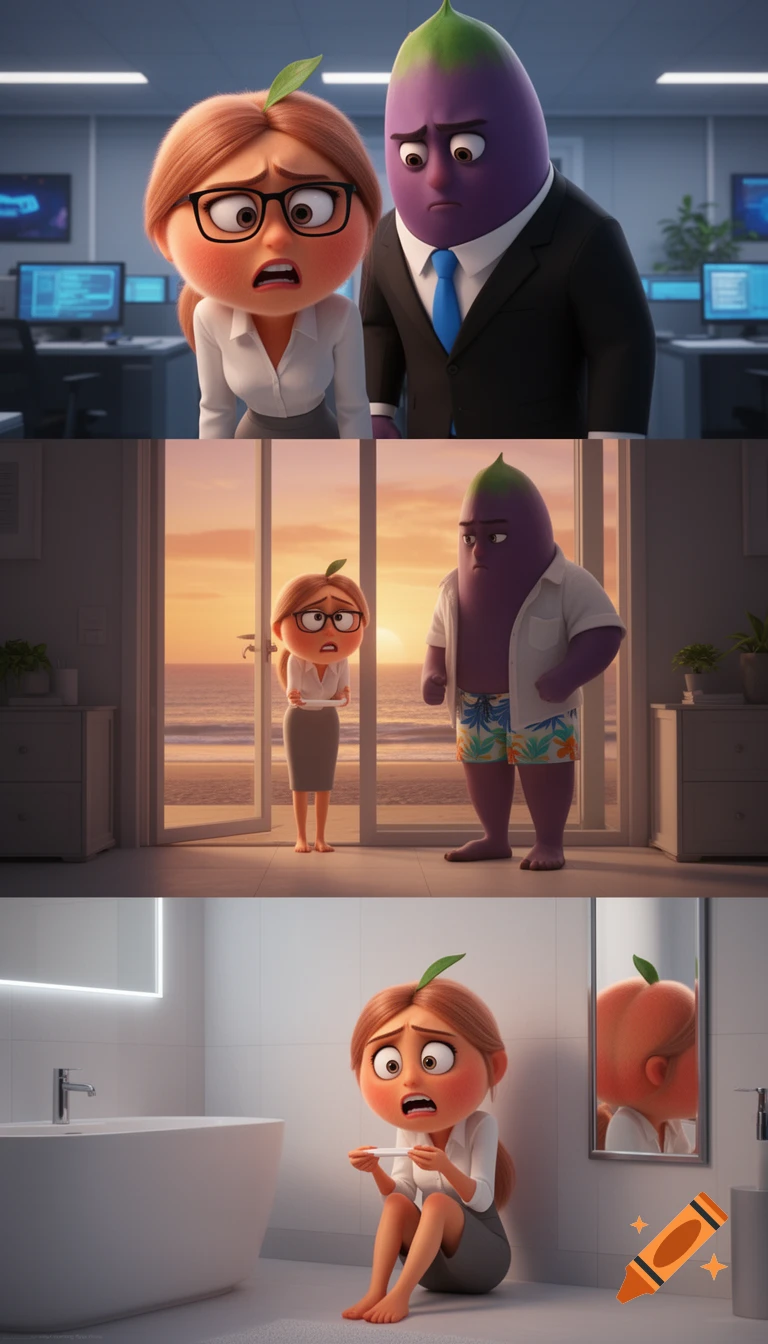A three-panel animated sequence featuring anthropomorphic fruit characters: a peach woman and an eggplant man in an office, a peach couple at a beach house, and the peach woman alone in a bathroom with a pregnancy test, all with stressed expressions.