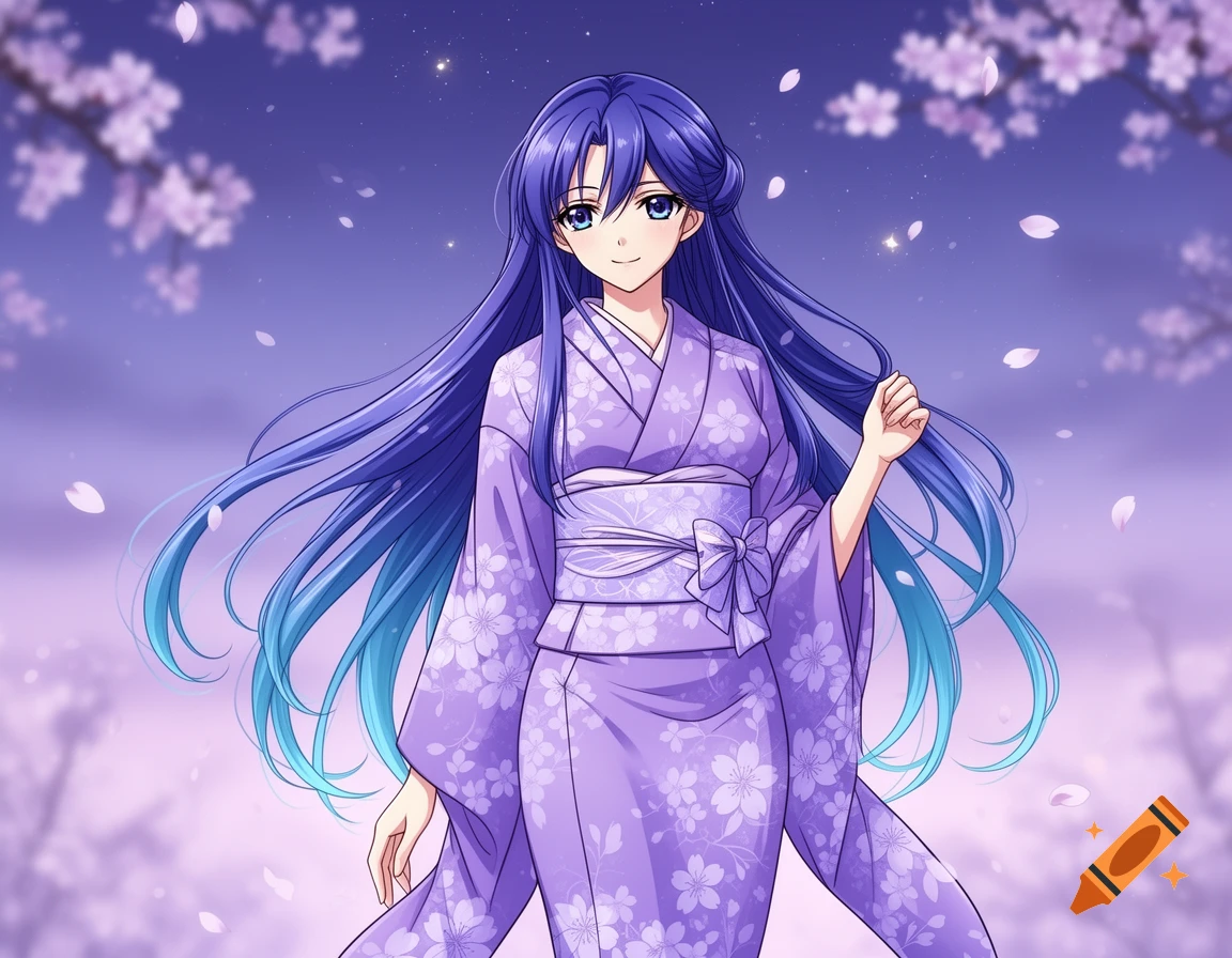 An anime girl with long blue hair and blue eyes, wearing a purple kimono with cherry blossom patterns, stands under falling petals.