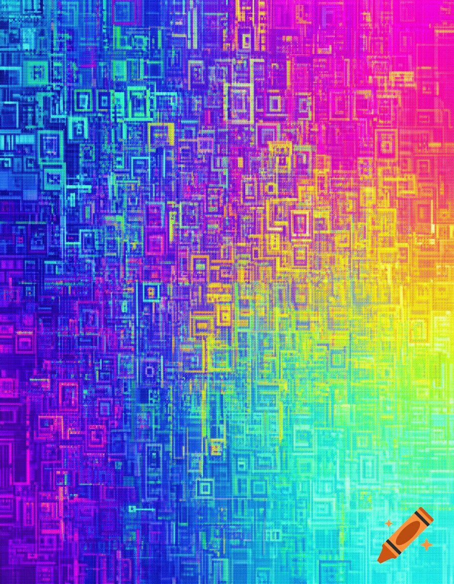 A vibrant abstract pattern of interconnected squares and rectangles in a rainbow gradient, resembling a pixelated circuit board.