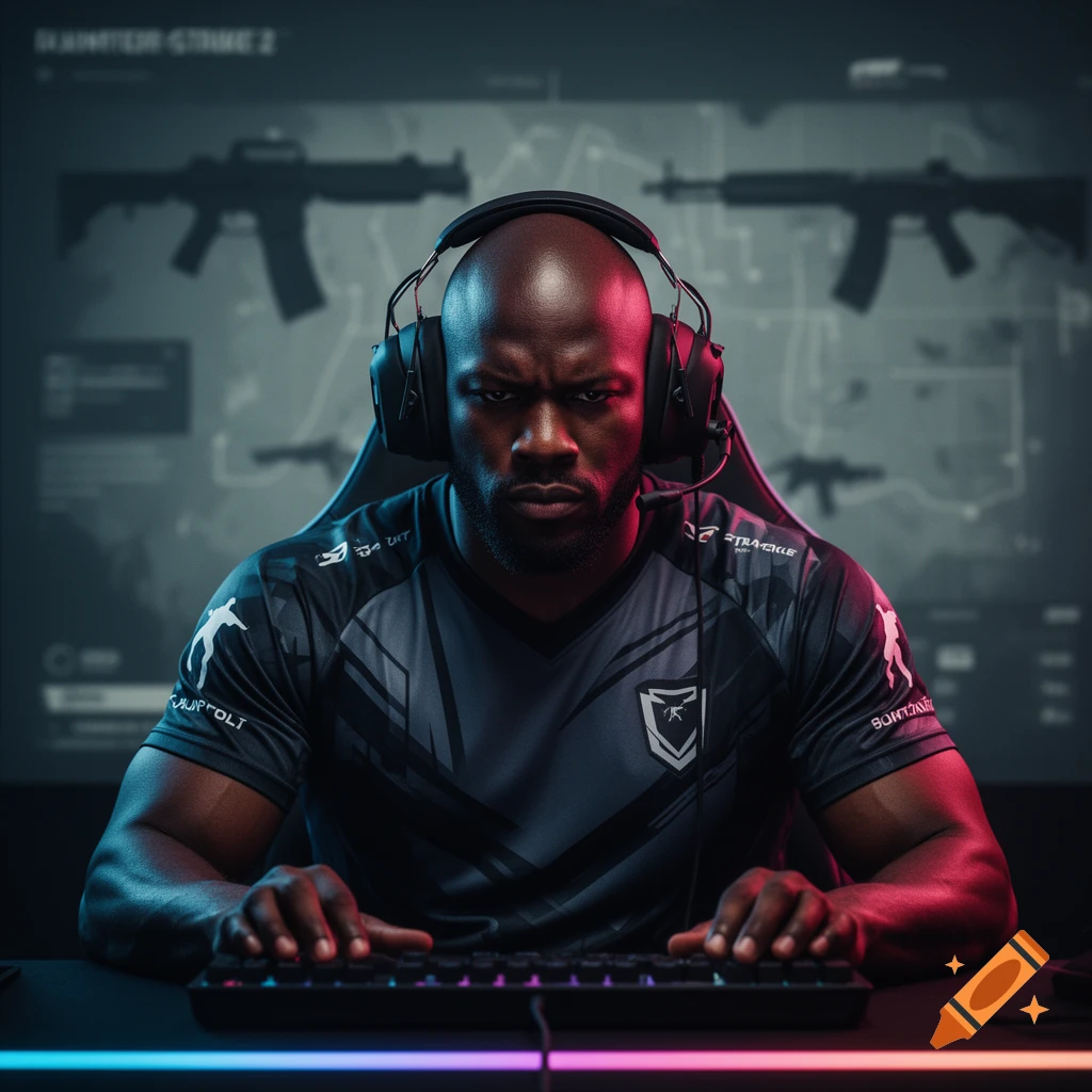A muscular Black man with a shaved head, intense expression, wearing a gaming headset and esports jersey, sits at a keyboard with RGB lighting in a cinematic, photorealistic style. The background is a blurred tactical environment with weapon silhouettes.