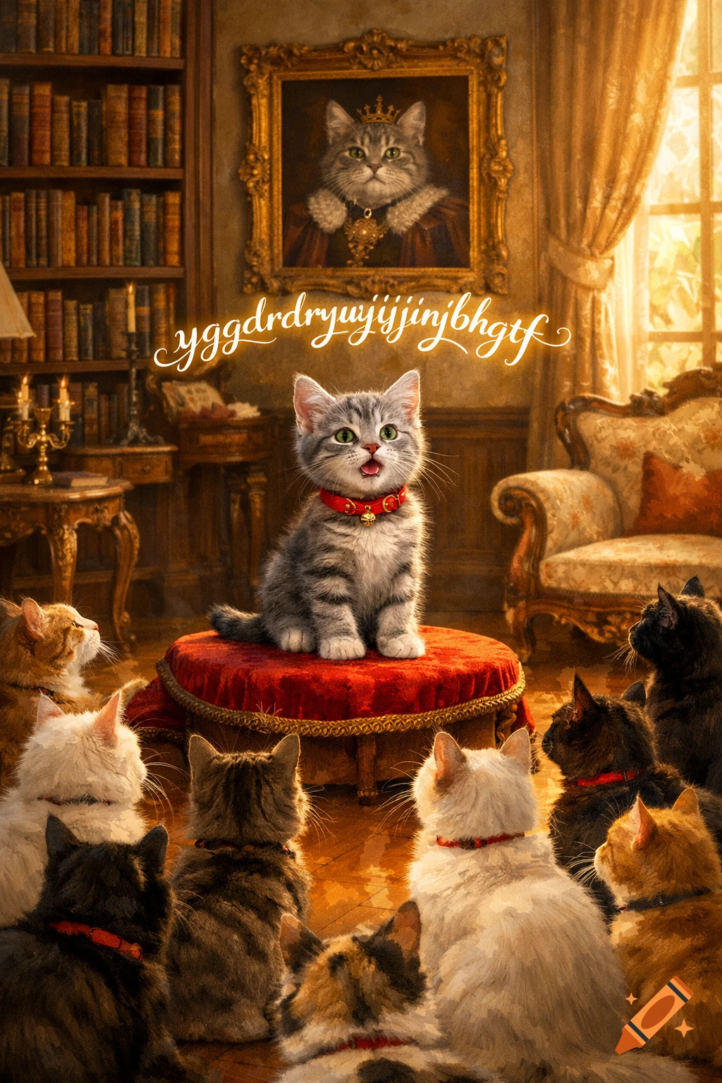 A gray kitten on a red cushion addresses many listening cats in a lavish room. A portrait of a regal cat is on the wall. Text 'yggdrdrdryujijijnjbhgtf'.