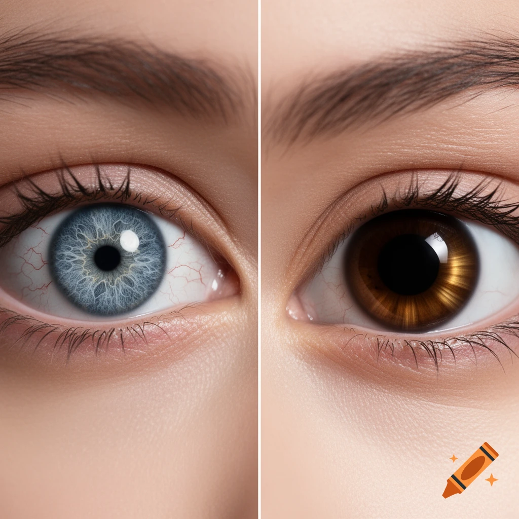 Close-up diptych of two human eyes, one with a small blue pupil and the other with a dilated brown pupil.