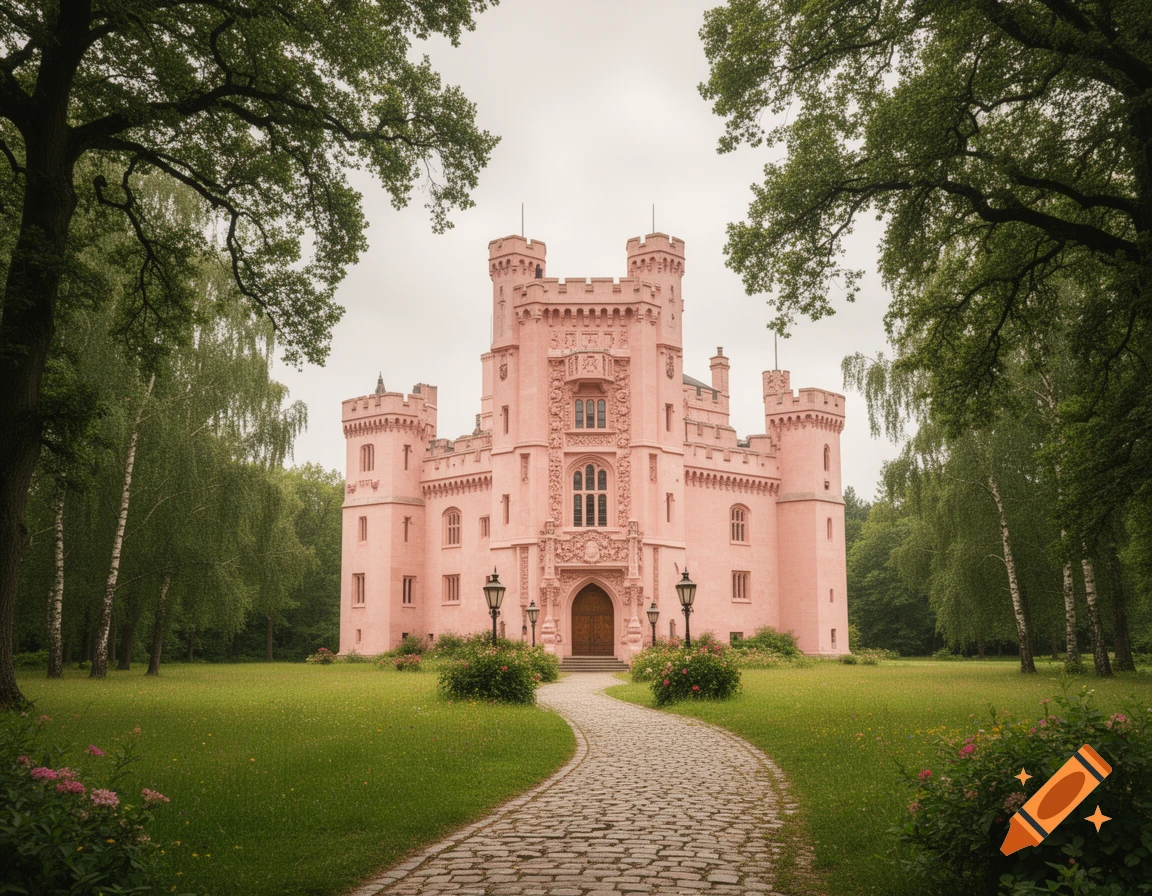 A picturesque pink medieval castle with turrets and an ornate entrance, surrounded by a lush green lawn and trees under a cloudy sky.