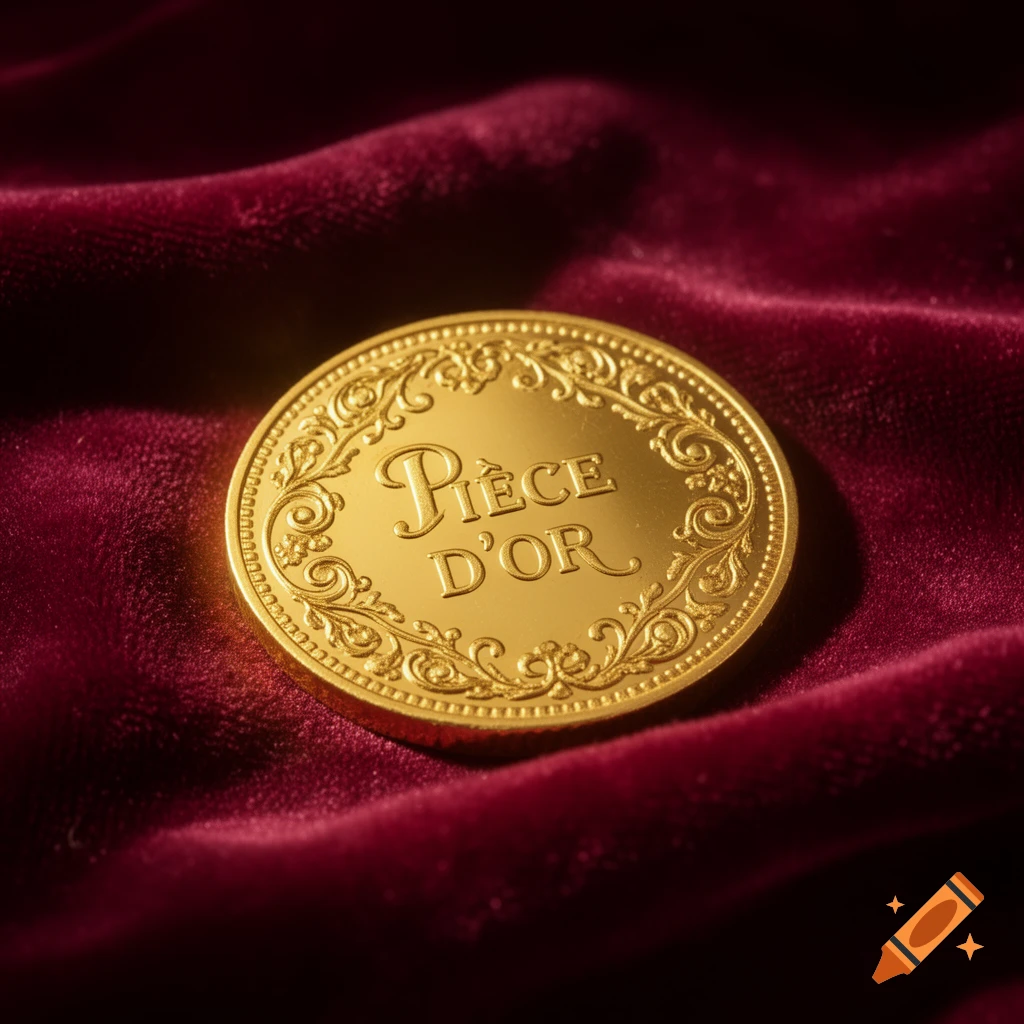 A shiny gold coin with ornate detailing, embossed with 'Pièce D'OR', rests on rich red velvet fabric.
