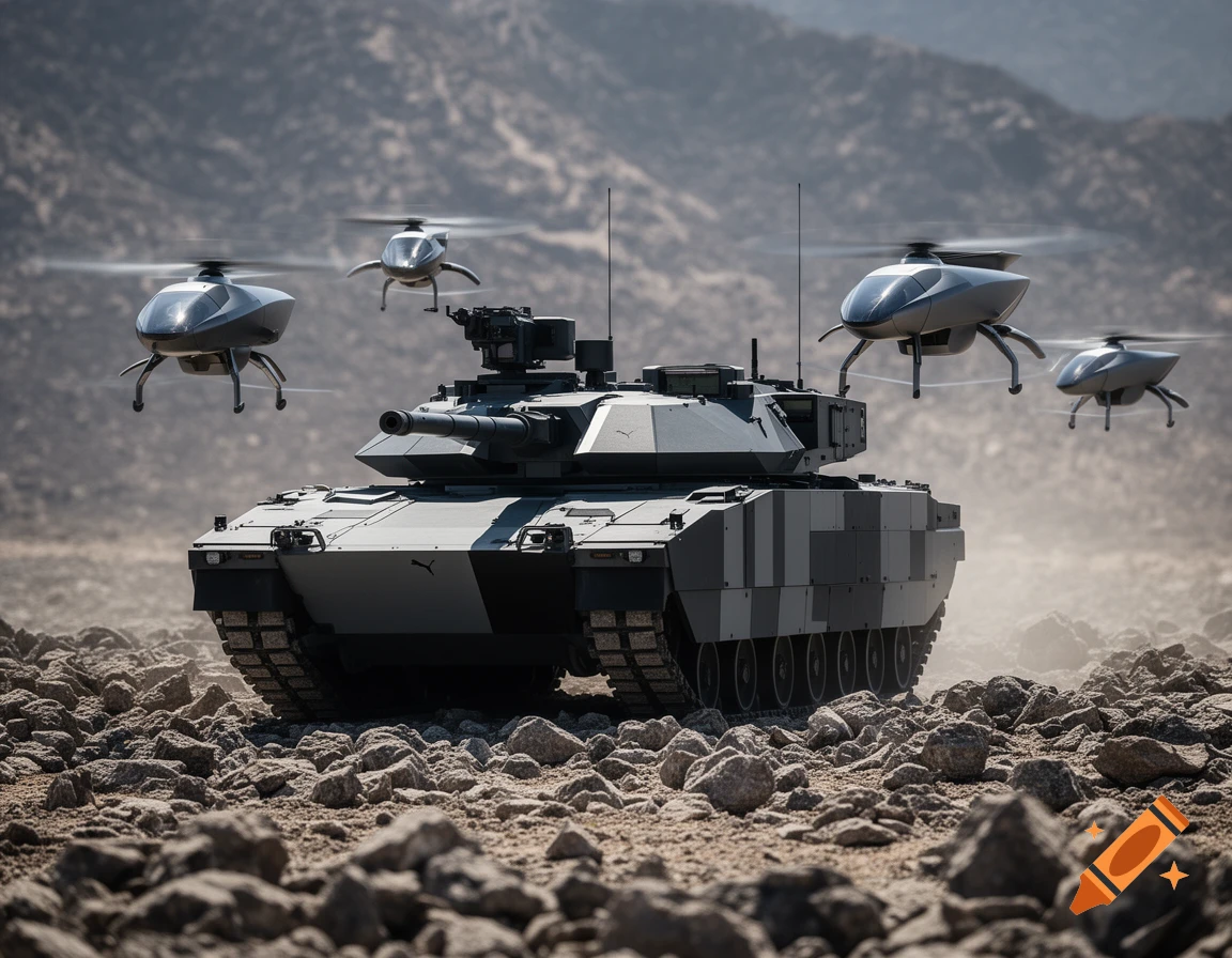 A hyper-modern tank with a Puma logo drives through a rocky desert while four defense drones fly alongside it in a photorealistic style.