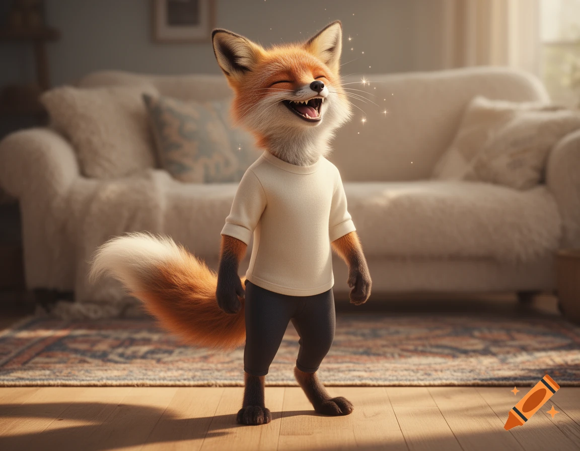 Anthropomorphic fox in a cream shirt and dark pants, laughing joyfully in a sunlit living room with a couch and rug.