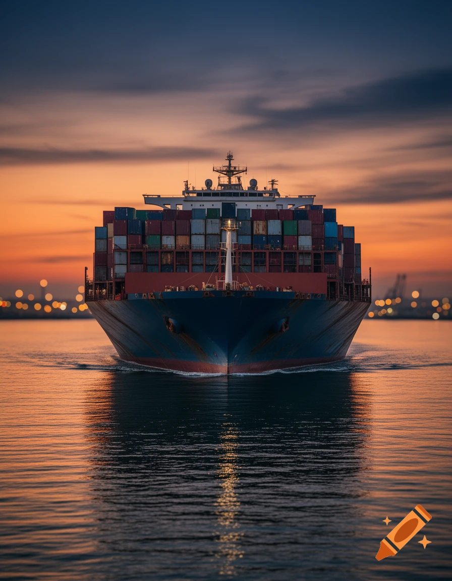 A large cargo ship with colorful containers sails into port at sunset, its reflection visible on the calm water.