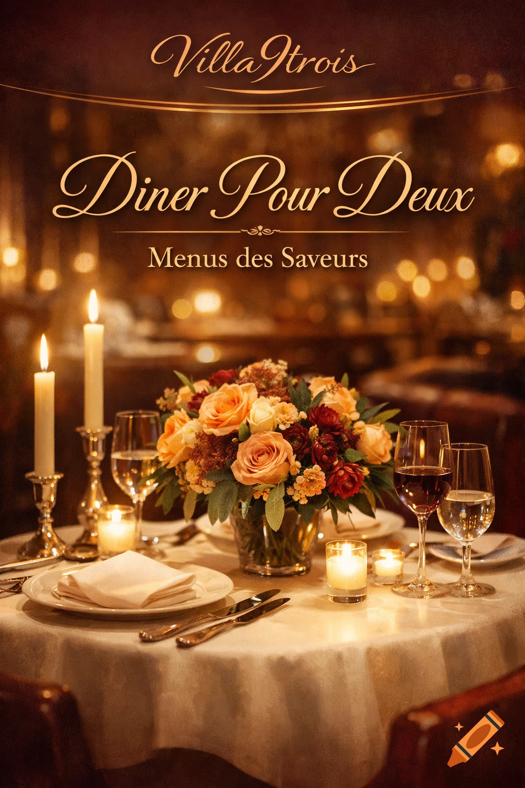 A warm-lit table set for a romantic dinner with candles, a flower bouquet, wine, and text for 'Villa9trois Diner Pour Deux Menus des Saveurs'.