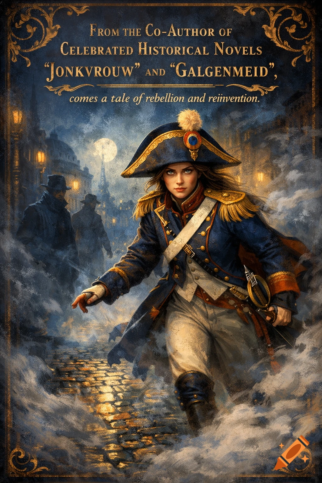 A woman in a historical military uniform strides forward on a cobblestone street at night, with two shadowy figures behind her. Book cover art.
