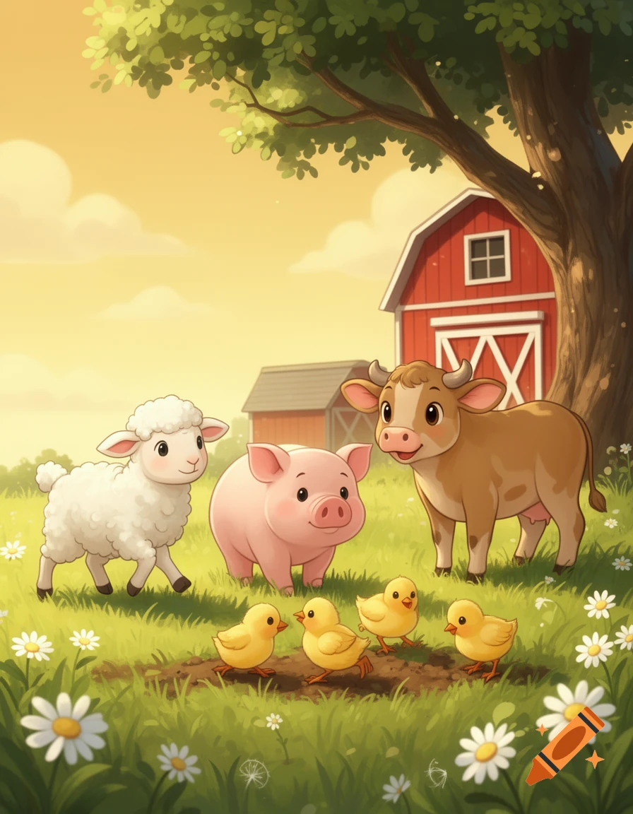 Cute cartoon farm animals including a sheep, pig, cow, and four chicks in a sunny field with daisies, a barn, and a tree.