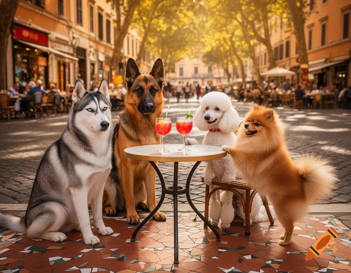 Four dogs (Husky, German Shepherd, Poodle, Pomeranian) sit at an outdoor cafe table, with drinks, on a sunny Italian city street.