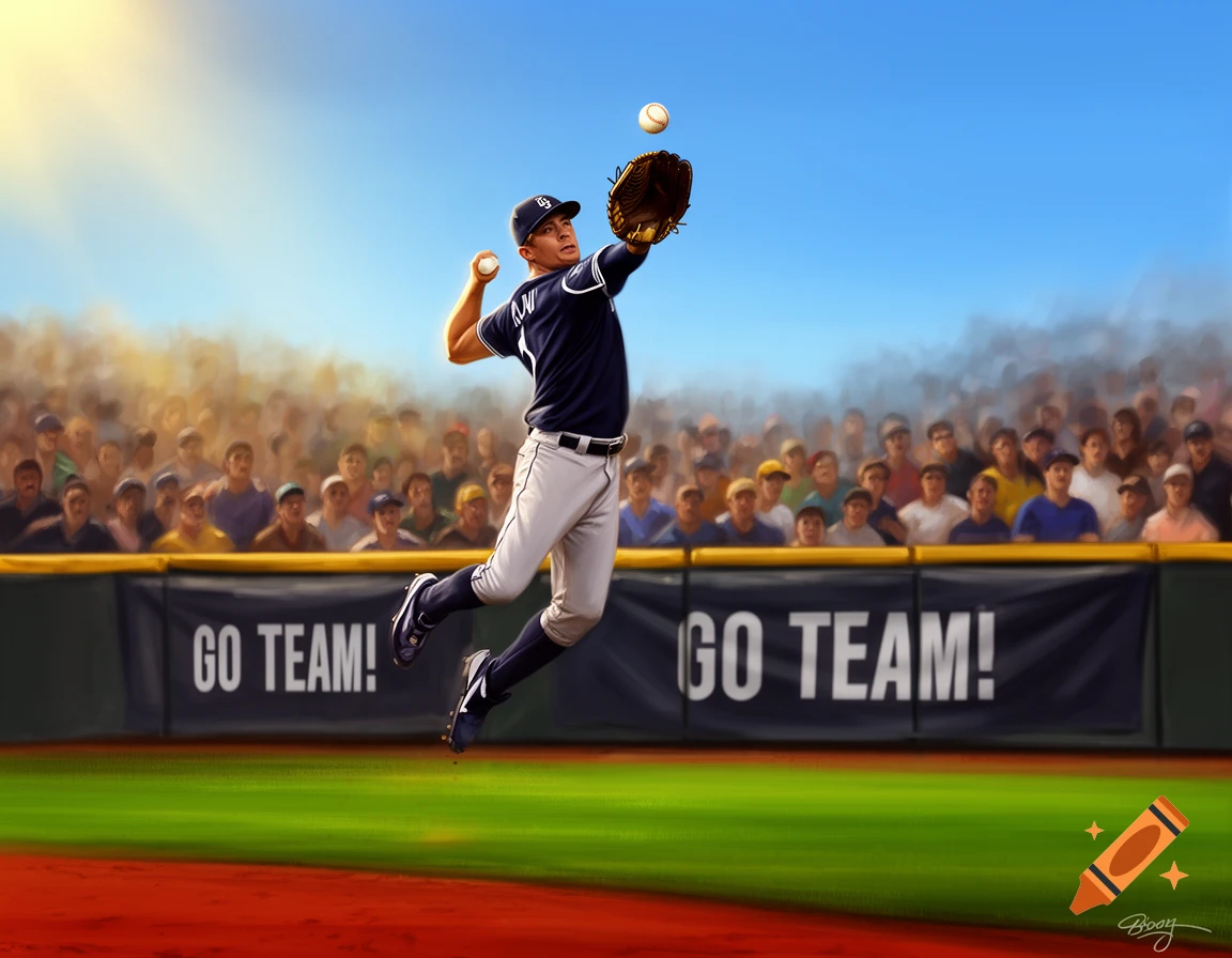 Illustrated baseball player in a navy jersey leaping to catch a baseball in a stadium with a crowd and 'GO TEAM!' banner.