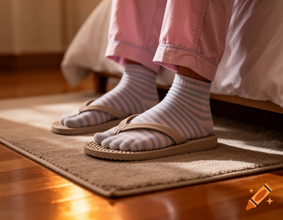 Close-up of feet in pink pajamas, striped socks, and tan flip-flops on a rug next to a bed.