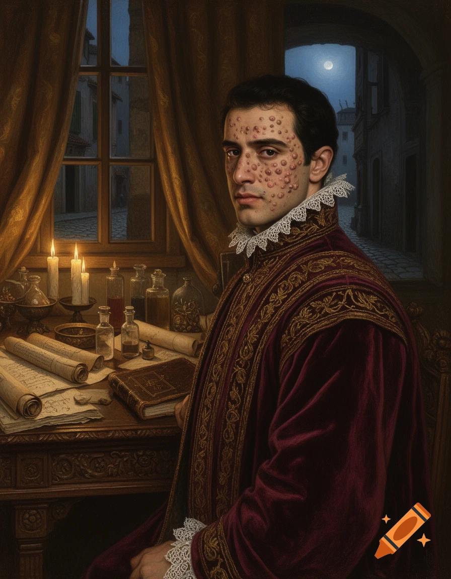 A Renaissance-style portrait of a pockmarked man in a velvet and gold tunic, seated at a desk with scrolls and vials by a window with a full moon outside.