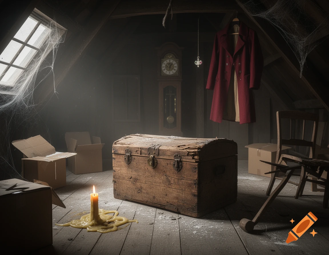 Photorealistic image of a dusty old attic with a wooden chest, a burning candle, cardboard boxes, a broken chair, and cobwebs.