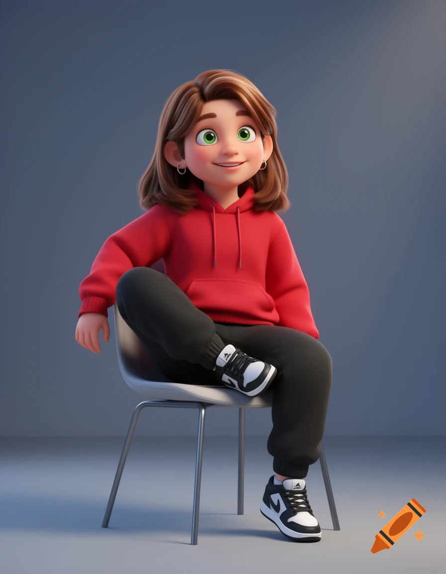 A 3D animated character with brown hair and green eyes, wearing a red hoodie, black sweatpants, and black and white sneakers, sits casually on a chair.