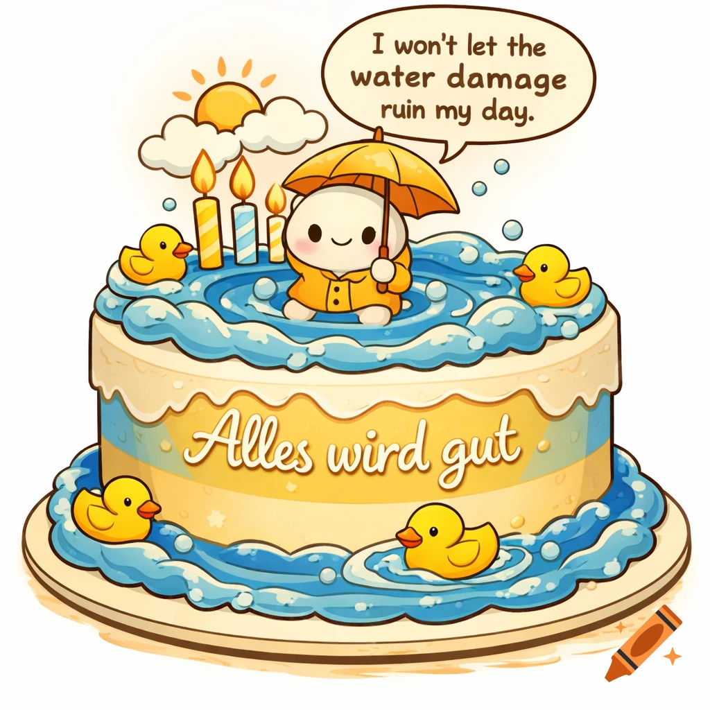 A cute cartoon birthday cake with a character under an umbrella, rubber ducks, and text 'Alles wird gut' and 'I won't let the water damage ruin my day'.