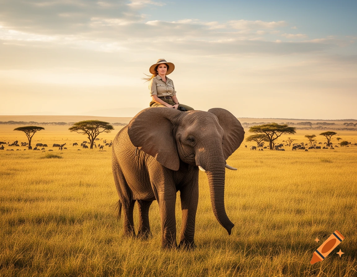 Woman in a safari hat riding an elephant in a golden African savanna with distant trees and wildlife.