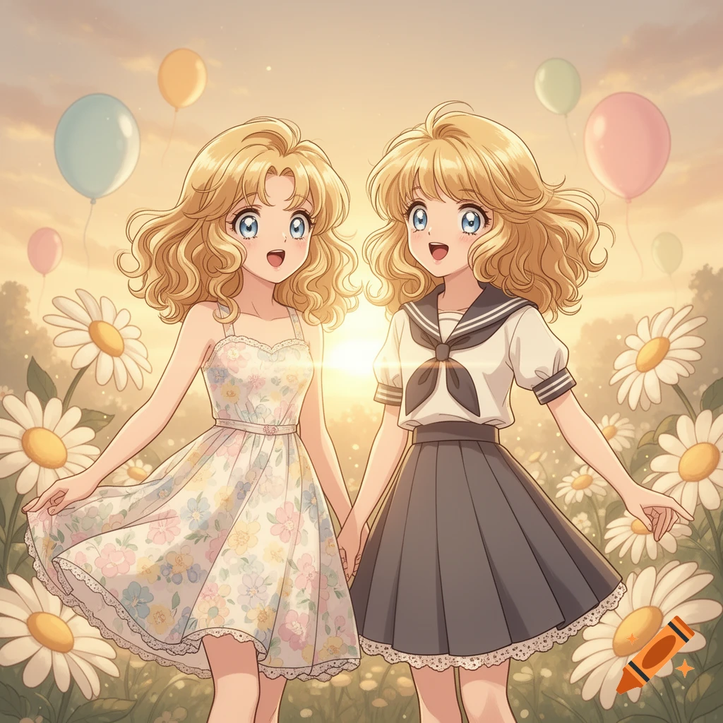 Two smiling anime girls with blond hair and blue eyes hold hands in a daisy field with balloons at sunset.