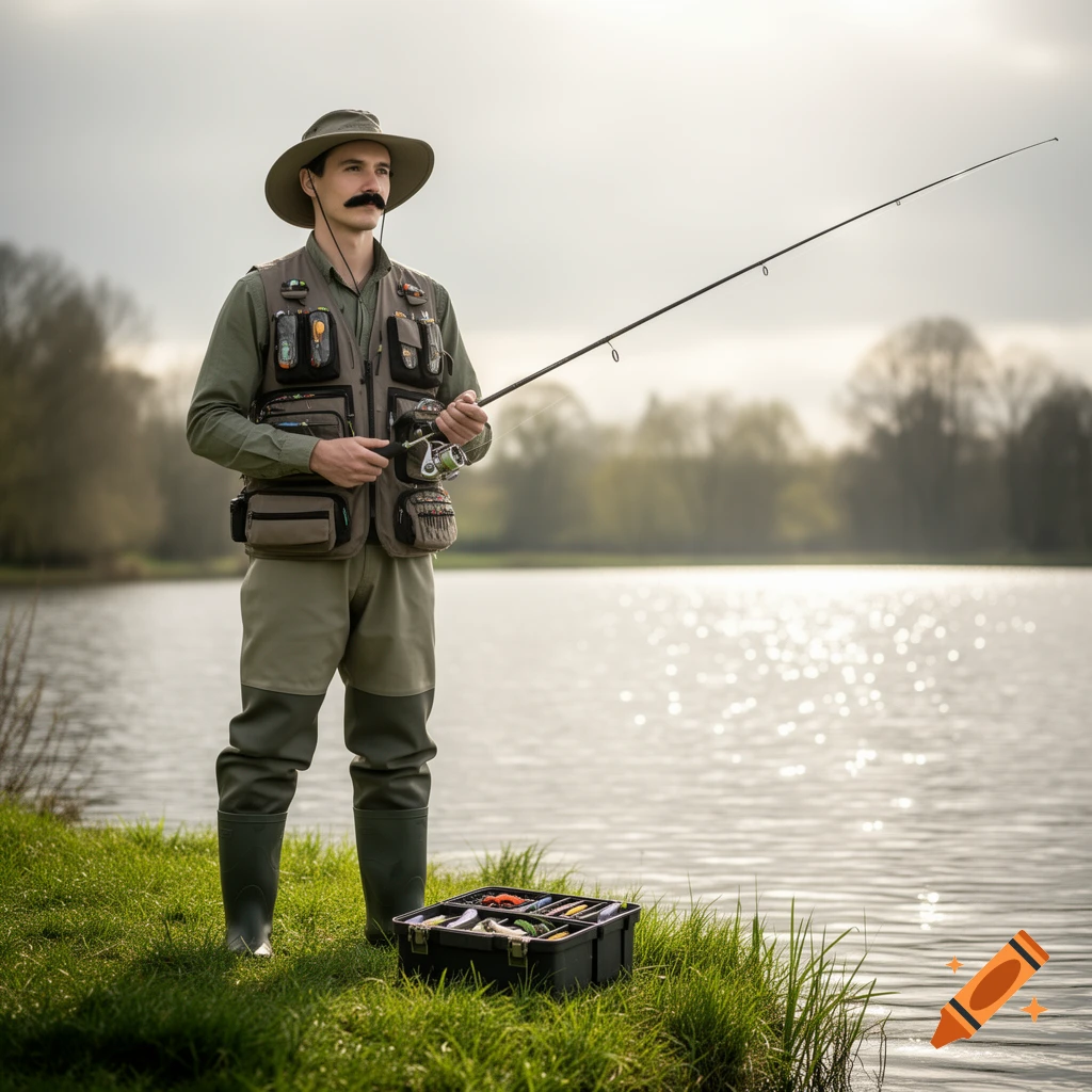 A man with a mustache, hat, and fishing vest stands by a lake, holding a fishing rod next to a tackle box.