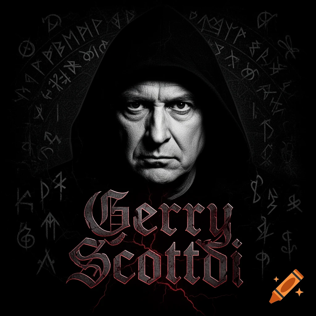 A black and white portrait of a serious man in a dark hood, with red "Gerry Scotti" text and runic symbols, in a black metal album cover style.