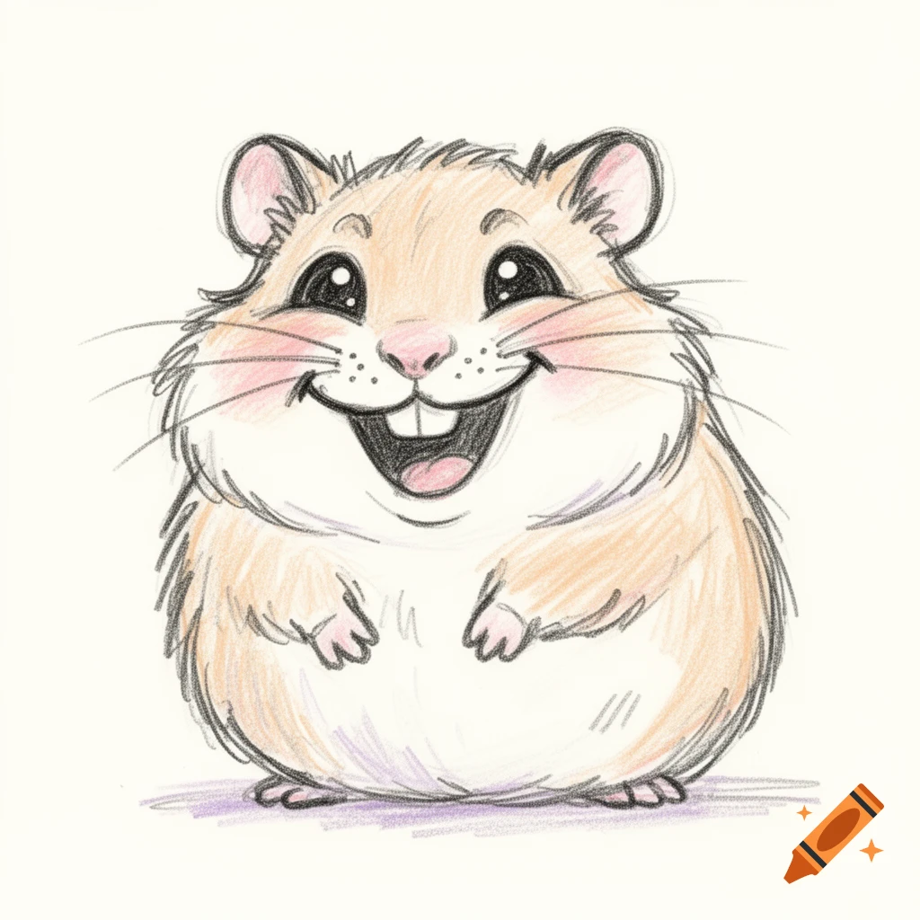 A cute, chubby hamster drawing with an exaggerated happy smile, in a sketchy colored pencil style.